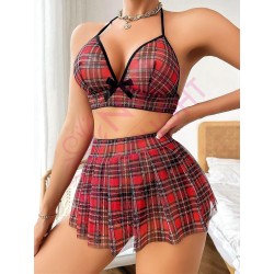 Ekoseli Boyundan Bağlamalı Erotik Liseli Kostüm | aura erotik shop