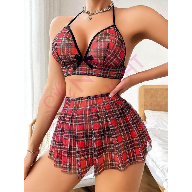 Ekoseli Boyundan Bağlamalı Erotik Liseli Kostüm | aura erotik shop