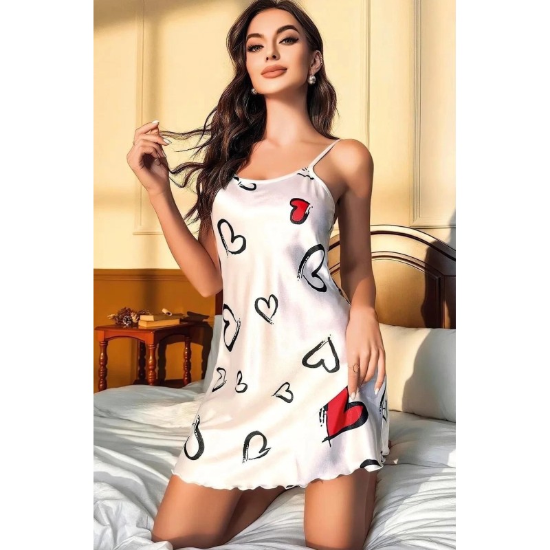 Beyaz Kalp Desenli Saten Mini Fantazi Gecelik – kızılay sex shop