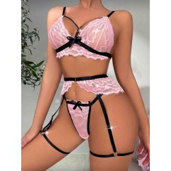 Pembe Jartiyer Görünümlü Fantazi Sütyen Külot Takım | aura erotik shop