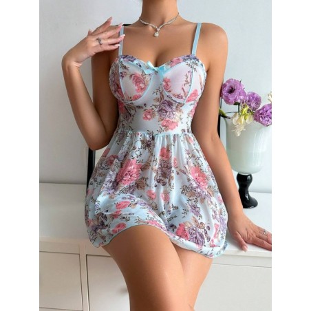 Mavi Çiçek Desenli Fantazi Tül Gecelik | kızılay fantazi ürünler