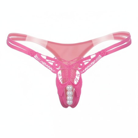 Pembe İnci Detaylı Dantel Desenli İp Tanga Fantazi İç Giyim | Aura Sex Shop Kızılay