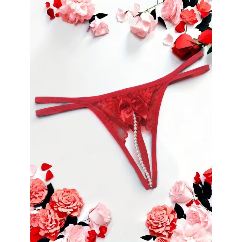 Kırmızı İnci Dizgili Kurdele Detaylı İp Tanga Fantazi İç Giyim | Ankara Sex Shop
