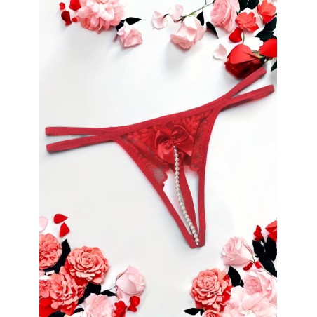 Kırmızı İnci Dizgili Kurdele Detaylı İp Tanga Fantazi İç Giyim | Ankara Sex Shop