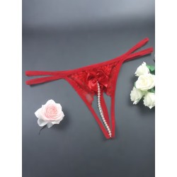 Kırmızı İnci Dizgili Kurdele Detaylı İp Tanga Fantazi İç Giyim | Ankara Sex Shop