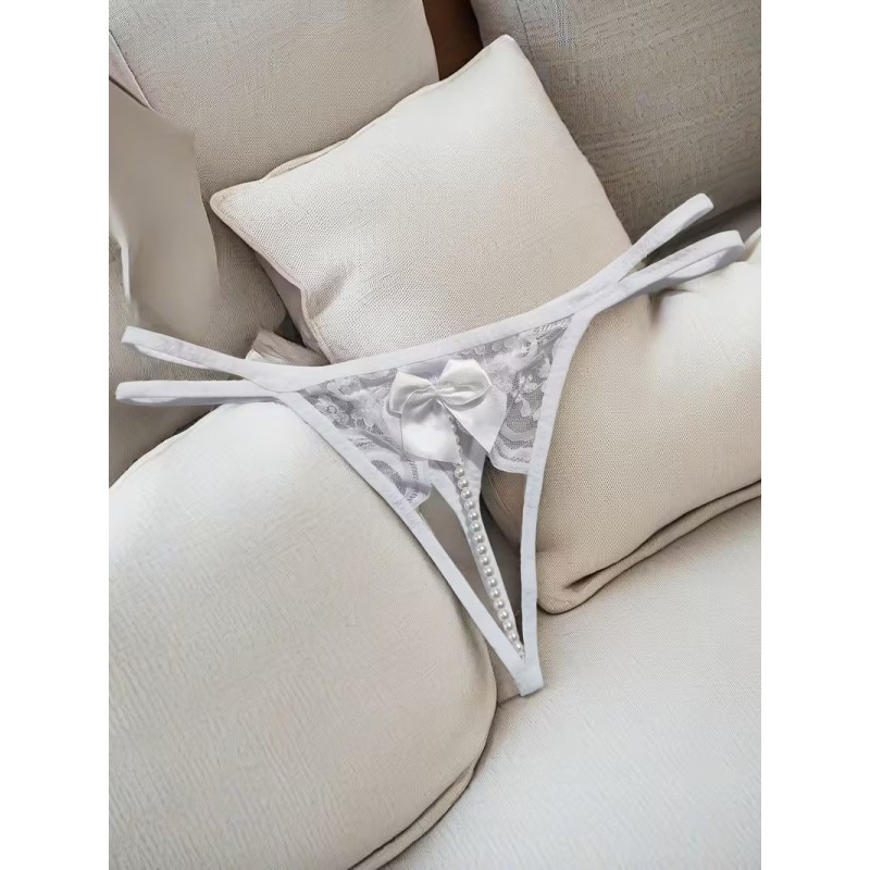 Beyaz İnci Dizgili Kurdele Detaylı İp Tanga Fantazi İç Giyim | Sex Shop Ankara