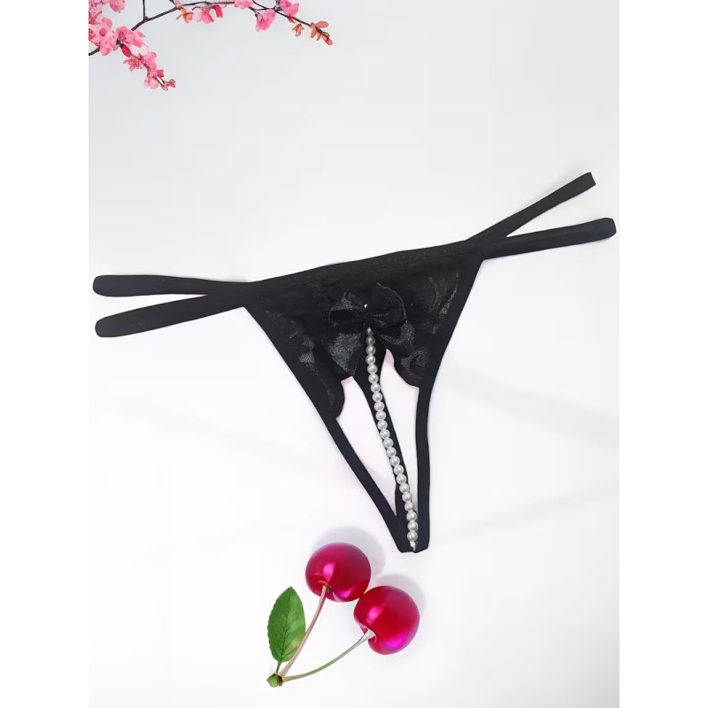 Siyah İnci Dizgili Kurdele Detaylı İp Tanga Fantazi İç Giyim | Kızılay Sex Shop
