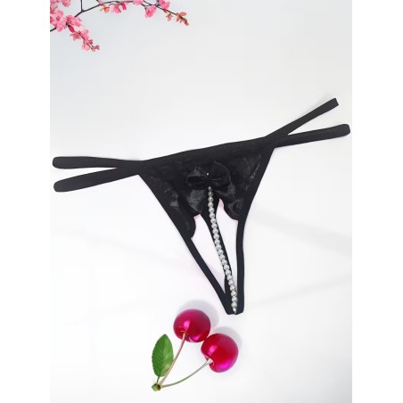Siyah İnci Dizgili Kurdele Detaylı İp Tanga Fantazi İç Giyim | Kızılay Sex Shop