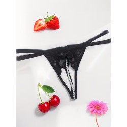 Siyah İnci Dizgili Kurdele Detaylı İp Tanga Fantazi İç Giyim | Kızılay Sex Shop