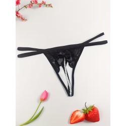 Siyah İnci Dizgili Kurdele Detaylı İp Tanga Fantazi İç Giyim | Kızılay Sex Shop