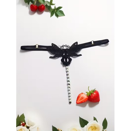Siyah İnci Dizgili Kelebek İşlemeli İp Tanga Fantazi İç Giyim | Aura Sex Shop Kızılay