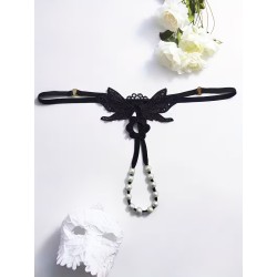 Siyah İnci Dizgili Kelebek İşlemeli İp Tanga Fantazi İç Giyim | Aura Sex Shop Kızılay