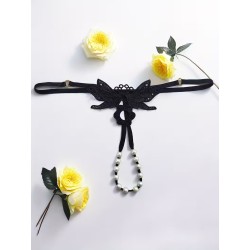 Siyah İnci Dizgili Kelebek İşlemeli İp Tanga Fantazi İç Giyim | Aura Sex Shop Kızılay